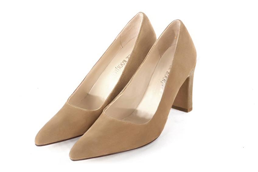 Tan beige women's dress pumps,with a square neckline. Tapered toe. High comma heels. Front view - Florence KOOIJMAN